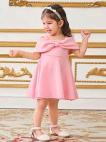 SHEIN Baby Girl Pink Off Shoulder Bowknot Decor Princess Dress, Suitable For Wedding, Party, Holiday, Birthday Gift, Spring/Summer - Pink - View 5