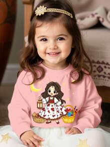 SHEIN Leap Crew Baby Girls Knitted Soft Round Neck Casual Loose Thickened Sweatshirt, Suitable For Autumn/Winter - Pink - View 2