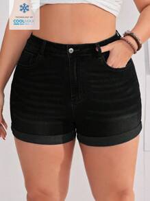 EMERY ROSE Plus Size Women Pocket Cuffed Washed Denim Shorts - Black - View 1