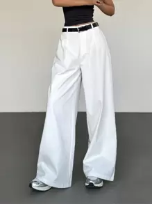 SHEIN EZwear New Spring/Summer Solid White Wide Leg Pants With Belt - White - View 5