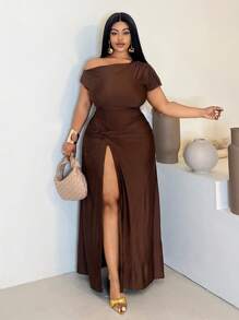 Maweii Women Plus Size Asymmetrical Twist Thigh High Slit Dress, Graduation Dress - Brown - View 5