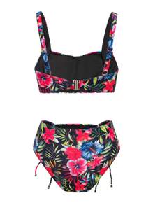 Swim Lushoire Popular Tropical Floral Print Criss-Cross Front Wrinkled Enhancing Bust Tankini Set With Drawstring Waist, Slimming Mature Tropical Beach Summer Vacation Style For Women - Multicolor - View 5