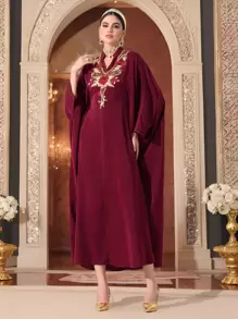 Al Najma Women's Butterfly Embroidery Batwing Sleeve Turkish & Arabic Traditional Long Red Dress