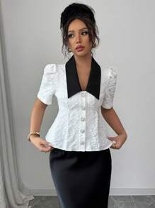 Elenzga Women's Contrast Color Floral Jacquard Short Puff Sleeve Blouse - White - View 4