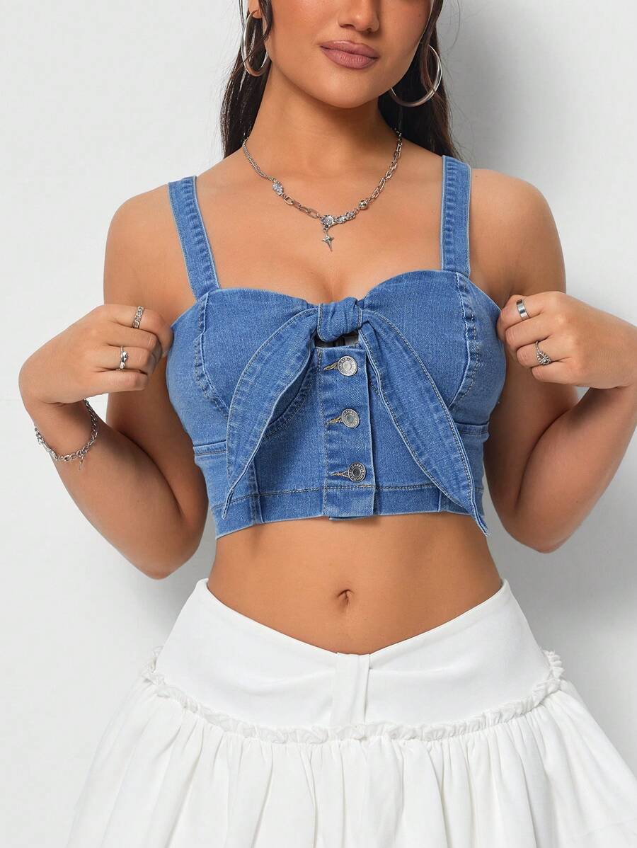 SHEIN Tall Denim Cami Top With Bowknot Detailing - Medium Wash - View 1