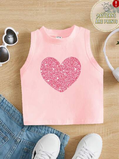 SHEIN Young Girl Casual Cartoon Print Sleeveless Round Neck Tank Top, Suitable For Summer
