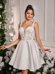 Lovelzi Elegant, Luxurious And Elegant White Lace Satin Straps Dress, Suitable For Festivals, Bachelorette Parties, Weddings, Graduations, Vacations, Bridal Shower Dresses, Little White Dress,Bride, For Valentine's Day - White - View 5