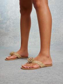 SHUZIA 女士单花拉菲草穿脱式人字拖凉鞋 - 米色 - 查看 4