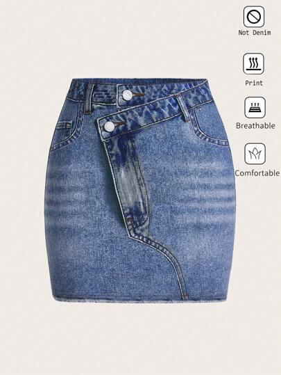 SHEIN Essnce Plus-Size Women's Denim Effect Skirt,Fall Clothes Y2k Tween Girls Skirt,Y2k Jeans Tween Girl Clothes