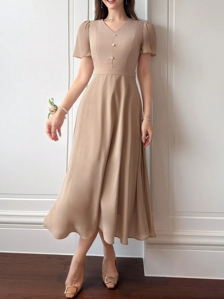 Women's Solid Color V-Neck Short Puff Sleeve Elegant Mid-Calf Dress Summer Elegant Sundress Maxi Dress