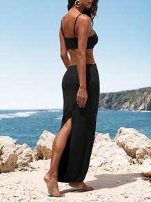 Opulessa 性感优雅纯色针织紧身镂空长裙，适合派对和节日穿着 - 黑色 - 查看 2