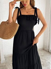 EURMUSE Women's Solid Ruffle Detailed Maxi Dress - Black - View 5