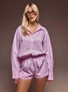 MUSERA 松紧腰带宽松版型细条纹口袋短裤，夏季可爱休闲款 - 彩色 - 查看 1