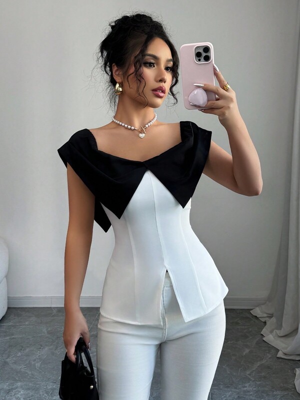 Elenzga Elegant Commuter Contrast Color Fitted Shirt