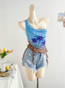 Soleia Damen Hippie-Stil modische hellblaue Farbverlauf Leoparden-Muster Mesh-Panel Volant-Saum figurbetontes Trägertop, Sommer