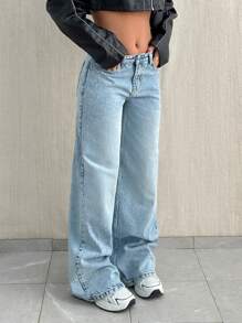 EURMUSE Jeans mit weitem Bein, niedriger Taille, Taschen und Rissen - Helle Waschung - Übersicht 6