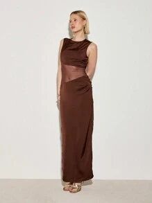 AiiRZ Elegant Satin Evening Maxi Dress With Color Block Panel Design Sleeveless Formal Gown Perfect For Weddings Galas Special Occasions