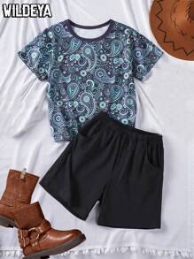 SHEIN 2pcs Young Boys Spring & Summer Vacation Casual Retro Printed T-Shirt Paired With Gray Pants Set, Suitable For Outdoor Activities, Daily Wear And Vacation