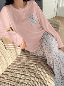 DAZY Ditsy Floral Lace Patchwork Pocket Decorative Top And Wide-Leg Loose Pants Pajama Set