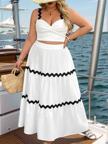 SHEIN VCAY Plus Size Black Wave Trim Twist Front Crop Top And Matching Black Wave Trim Loose A-Line Skirt, 2 Pieces Romantic Beach Outfit, Suitable For Valentine's Day, Western, Festival, Boho, Hippie, Cowgirl, Bohemian, Old Money, Summer, Beach, St. Patrick's Day