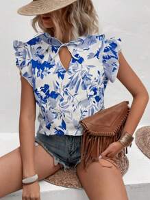1 pieza Blusa casual de mujer con cuello mao, manga con volantes, dobladillo con volantes, cordón ajustable, estampado digital de hojas y flores en textura tejida de bambú, adecuada para salir y vacaciones en la playa (se vende por separado en sets de 3)