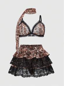 ROMWE Grunge Punk Plus Size Y2K Wild Gothic Punk Leopard Lace Triangle Bra, Thong, Ruffled Mini Skirt 3pcs Sexy Lingerie Set - Multicolor - View 1
