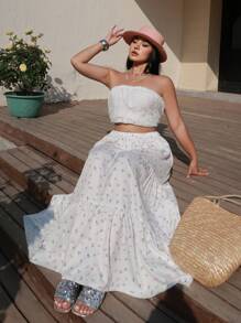 Flirla Gonna a vita elastica multistrato con stampa floreale ditsy, elegante per vacanze, feste cocktail, uso casual, in taglie comode - Multicolore - Visualizzare 1