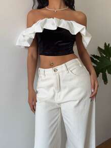 SHEIN EZwear Top corto elegante de mujer con hombros descubiertos, volantes y contraste de colores