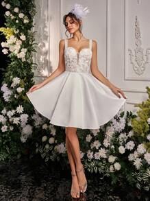 Lovelzi Elegant, Luxurious And Elegant White Lace Satin Straps Dress, Suitable For Festivals, Bachelorette Parties, Weddings, Graduations, Vacations, Bridal Shower Dresses, Little White Dress,Bride, For Valentine's Day - White - View 7