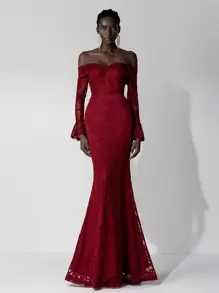 Elitara 优雅蕾丝花朵露肩长袖美人鱼礼服适合婚礼、活动、派对、度假、伴娘礼服（成人） - 酒紅色 - 查看 2