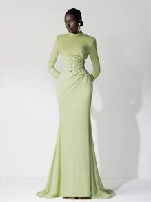 Elitara 极简主义绿色水钻和人造珍珠褶皱美人鱼长裙，婚礼宾客礼服，适合晚会、正式晚宴和庆典，派对礼服，礼服 - 綠色 - 查看 1