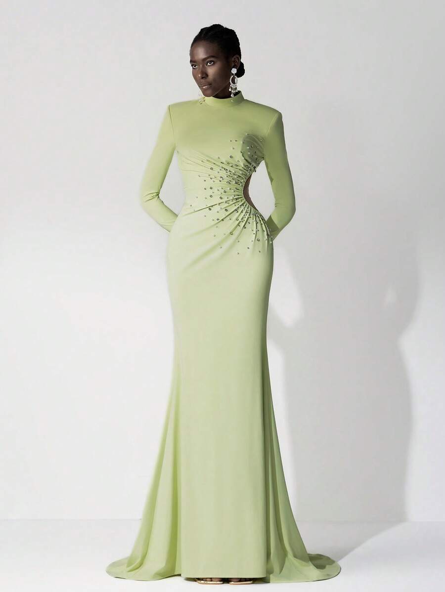 Elitara 极简主义绿色水钻和人造珍珠褶皱美人鱼长裙，婚礼宾客礼服，适合晚会、正式晚宴和庆典，派对礼服，礼服 - 綠色 - 查看 1