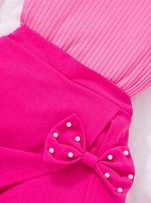 2pcs/Set Tween Girls Ribbed Pearl Ruffle Trim Camisole Top And Solid Bow Skirt Shorts Set, Summer Casual Set Outfit For Girls Summer Holiday