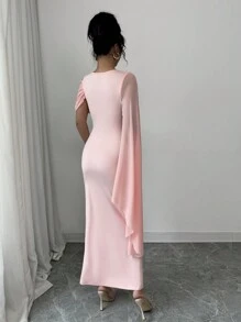 Elenzga Women Elegant Solid Color Asymmetric Collar Dress - Pink - View 2