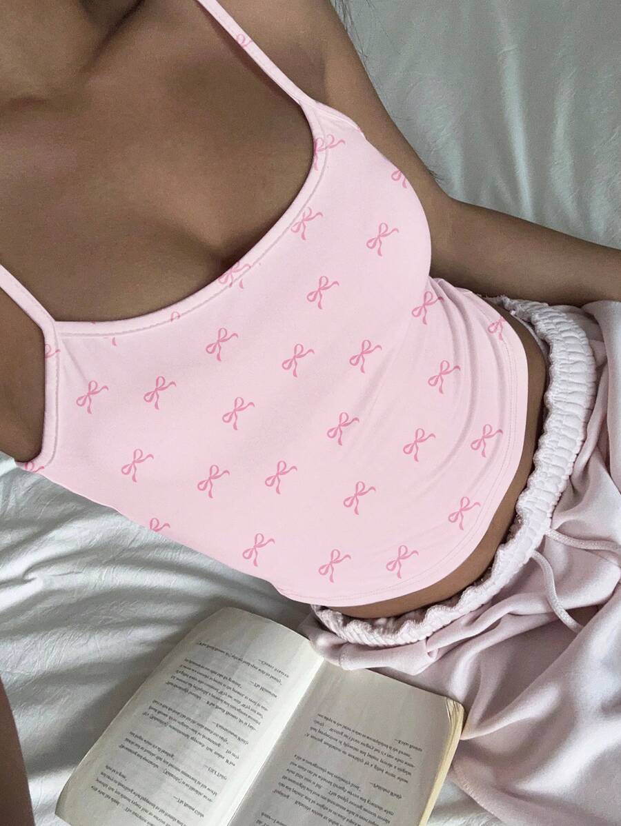 SHEIN EZwear 可爱粉色蝴蝶结装饰吊带背心，女士休闲性感吊带背心 - 白色 - 查看 1