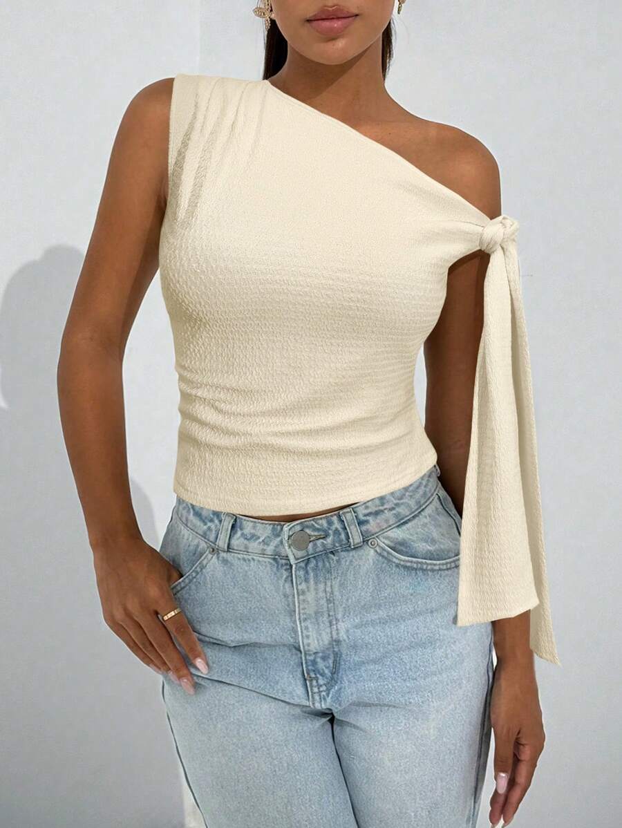 Firerie Women's Elegant Summer Beige Night Out Bodysuit,Sleeveless Asymmetrical Neckline Knit Texture Cross Shoulder Straps Fitted Bodysuit For Party,Vacation - Apricot - View 1
