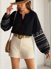 EURMUSE Pure Linen Boho Style, Embroidery Detailed Button Through Shirt - Black - View 4