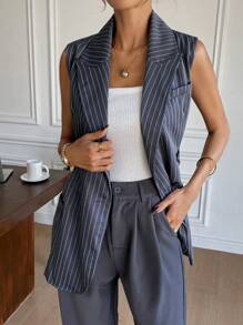 SHEIN Frenchy Women Striped Lapel Sleeveless Casual Blazer