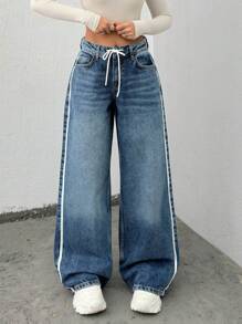 EURMUSE LOW WAIST STRIPE DETAILED WIDE LEG JEAN - Medium Wash - View 4