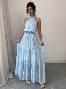 Elenzga 1 件女士优雅纹理雪纺提花提花连衣裙，浪漫风格 - 淺藍色 - 查看 1