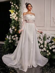 Glamrae Đầm Maxi trễ vai tay dài trong suốt thêu ngọc trai giả màu trắng lãng mạn thanh lịch, phù hợp cho sự kiện cưới và váy cưới - trắng - Xem 7