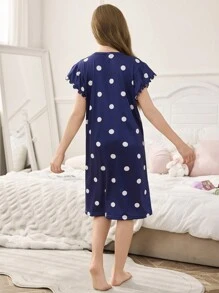 SHEIN Camisón de manga corta suave, azul, cómodo y bonito con estampado de nubes y lunares, para niñas - Azul - Ver 2
