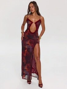 SHEIN BAE 女士夏季西部公路派对装，动物印花豹纹渐变性感镂空领口多层荷叶边高开衩裹身裙，适合派对、日常装扮、节日、街头活动、休闲度假、沙滩装