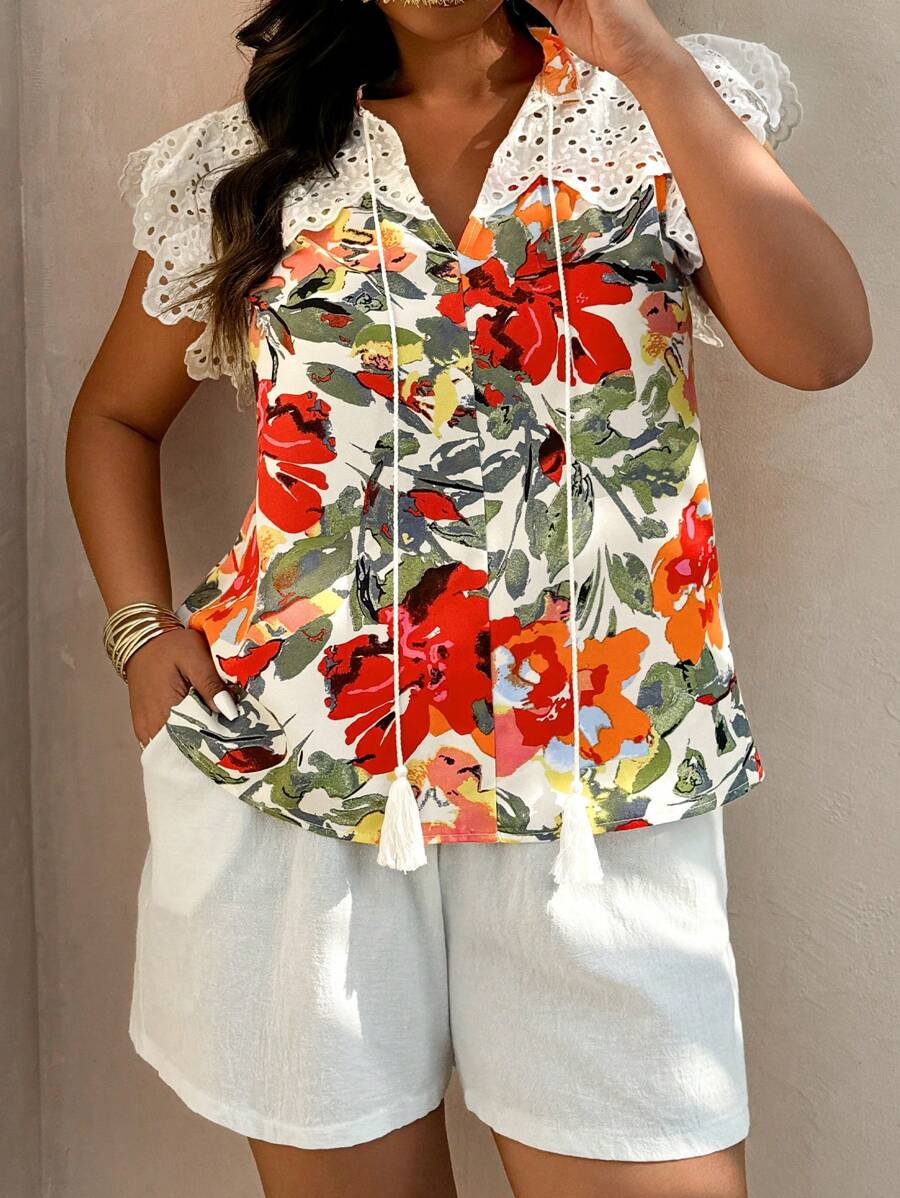 SHEIN Clasi Áo cánh tay lửng in vải thêu cho nữ - Nhiều màu - Xem 1