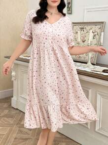 Plus Size Ditsy Floral V-Neck Plus Size Sleepshirt