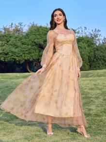 Modelyn Women's Tie Dye Print Sweetheart Collar Mesh Long Sleeve Elegant Mid-Length Dress Fall Cloth For Women