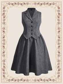 Vintamour 2 piezas Conjunto elegante vintage de mujer, chaleco ajustado y falda campana, conjunto de otoño/invierno para Día de Acción de Gracias, Año Nuevo