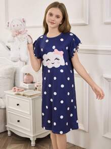 SHEIN Camisón de manga corta suave, azul, cómodo y bonito con estampado de nubes y lunares, para niñas - Azul - Ver 6