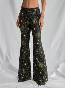 Lunelith SHEIN Lunessa Boho Style Women's Low Waisted Starry Moon Print Stretchy Flare Pants, Comfortable For Summer Rave Outfits Festival Fall Cloth For Women
