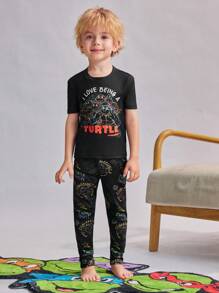TEENAGE MUTANT NINJA TURTLES | SHEIN Young Boy Fashionable Glow-In-The-Dark Full Print Turtle Pattern Knitted Snug Fit Pajama Set - Black - View 3